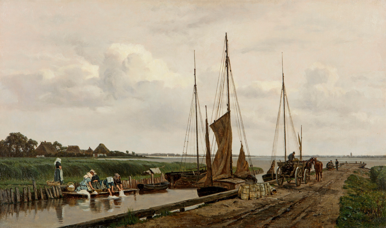 Carl Malchin. Hafen von Wustrow mit Wäscherinnen. 1890. Öl / Leinwand. 40,5 x 56cm