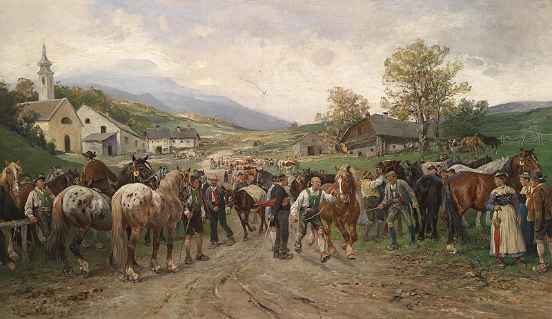 Julius von Blaas. Pferdemarkt. 1917. Öl / Leinwand. 88 x 150cm