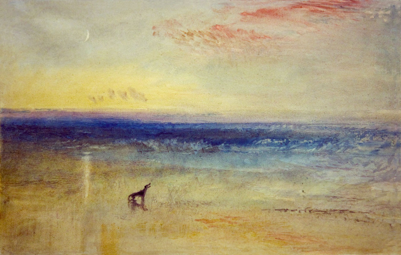 William Turner. Sonnenaufgang nach einem Schiffbruch. um 1841. Aquarell, Bleistift, Rötelkreide, Schabkunst und Lavieren auf Papier.