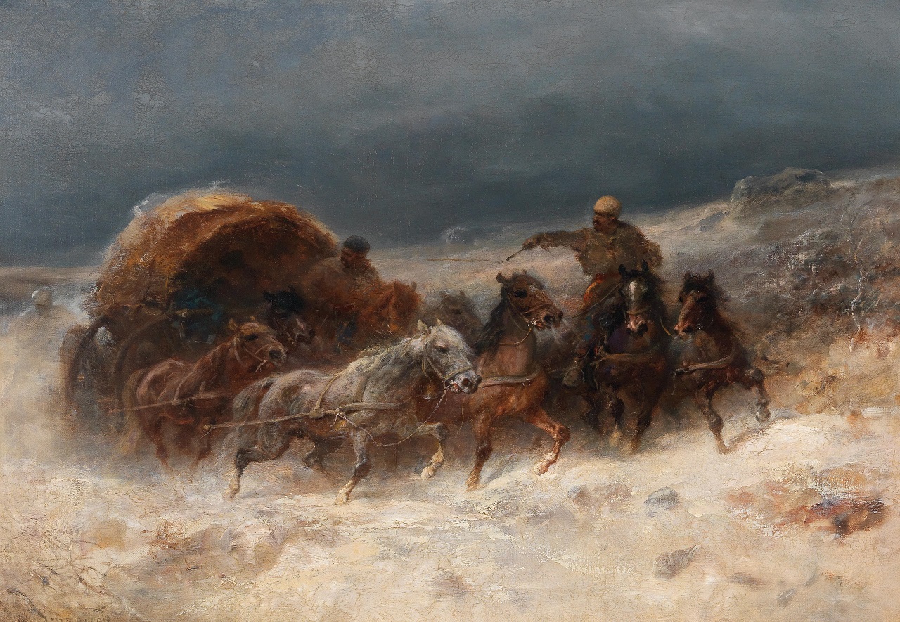 Adolf Schreyer. Pferde in einer Winterlandschaft. Öl / Leinwand. 70 x 99cm