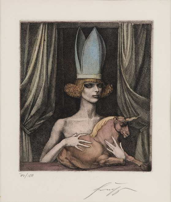 Ernst Fuchs. Farbradierung. Exemplar 76/100. 25 x 22cm