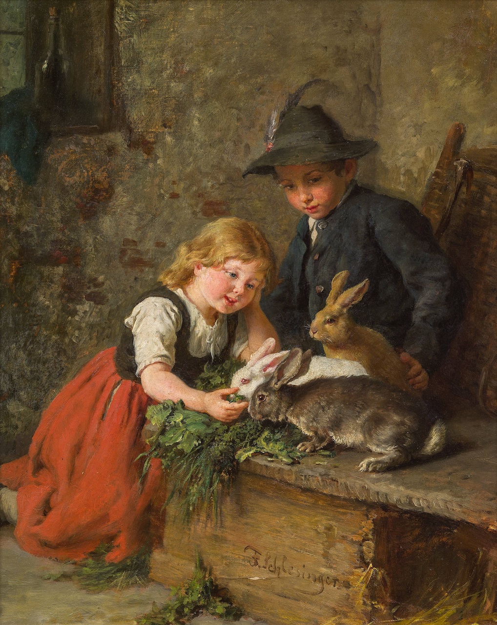 Felix Schlesinger. Kaninchen füttern. Öl / Leinwand. 38 x 31cm