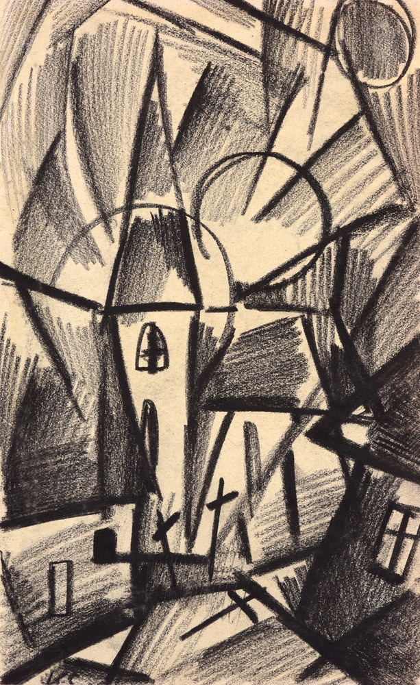 Kurt Schwitters. Dreieck kreist Kirche (Dorf und Welt). 1918. Kohle/Papier. 19 x 11,7cm
