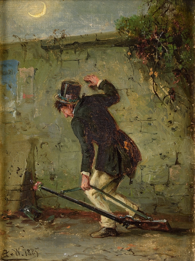 August von Wille. Heimkehr vom Schützenfest. 1885. Öl / Leinwand. 21,5 x 16cm