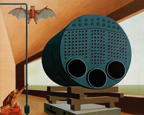 Carl Grossberg. Dampfkessel mit Fledermaus. 1928. Öl / Holz. 55 x 66cm