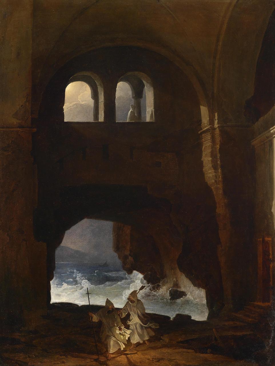 Franz Catel. Mönche im Hof eines Felsenklosters am Meer. 1856. Öl / Leinwand. 77 x 58,5cm