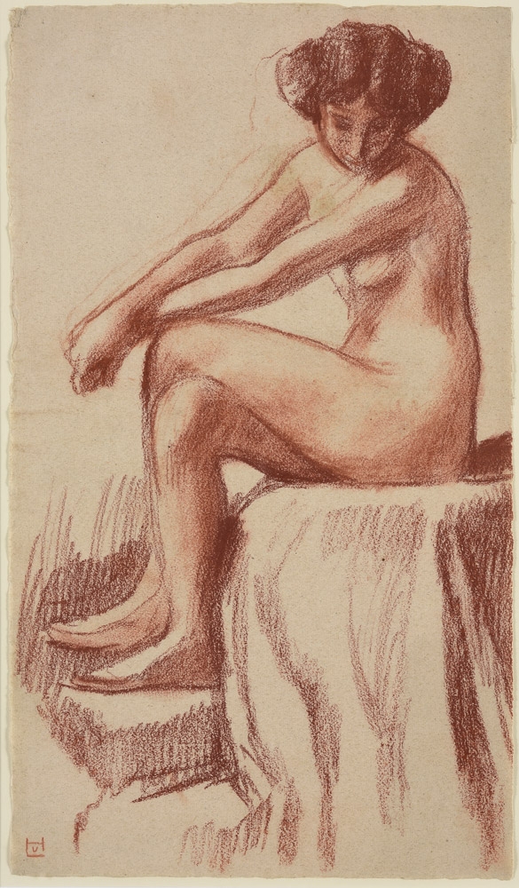 Ludwig von Hofmann. Sitzender Frauenakt im Atelier. Kreidezeichnung. 50,5 x 29,5cm