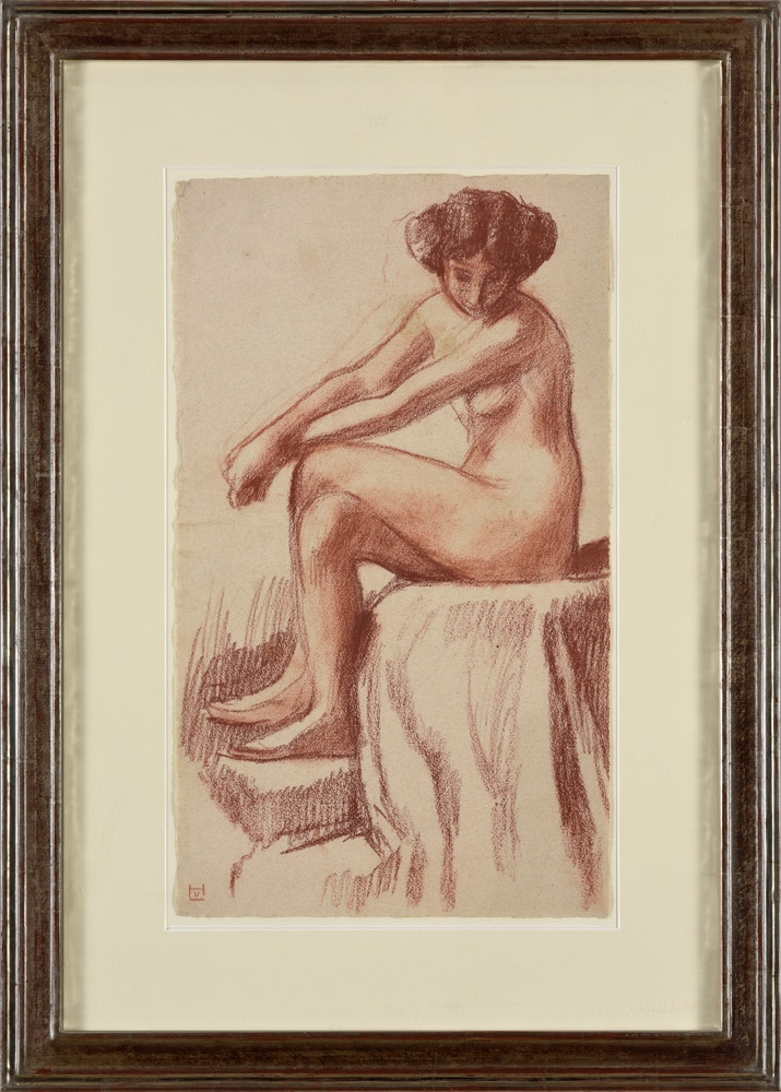 Ludwig von Hofmann. Sitzender Frauenakt im Atelier. Kreidezeichnung. 50,5 x 29,5cm
