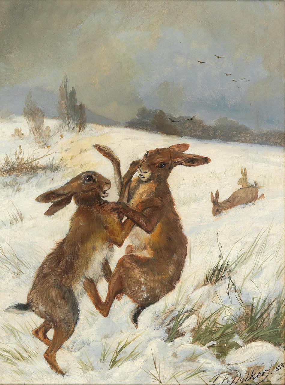 Carl Deiker. Kampf zwischen Hasen. 1888. Öl / Leinwand. 40 x 30cm