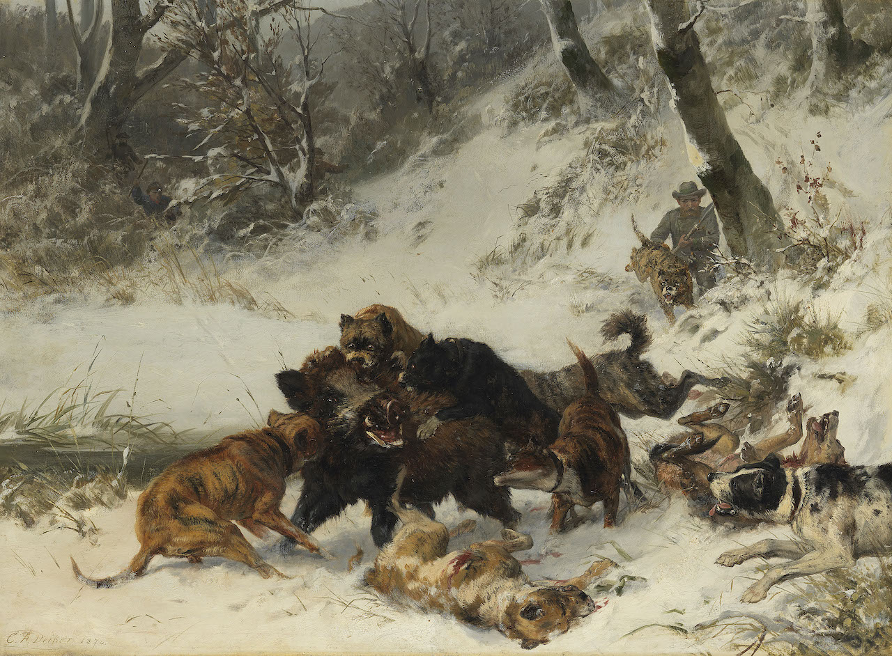 Carl Deiker. Wildschweinjagd. 1874. Öl / Leinwand. 64 x 88cm