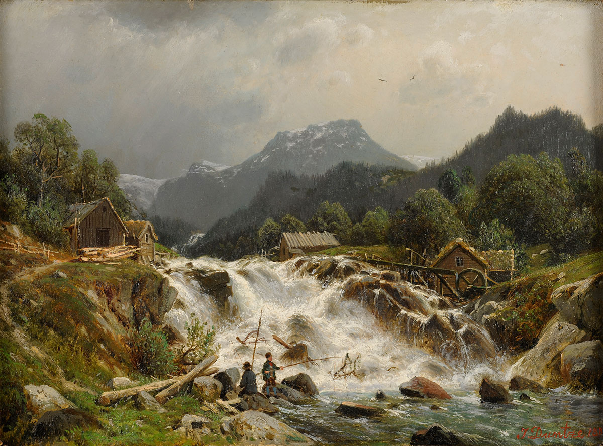 Johannes Duntze. Norwegische Landschaft mit Sturzbach und Anglern. 1883. Öl / Holz. 28 x 39cm