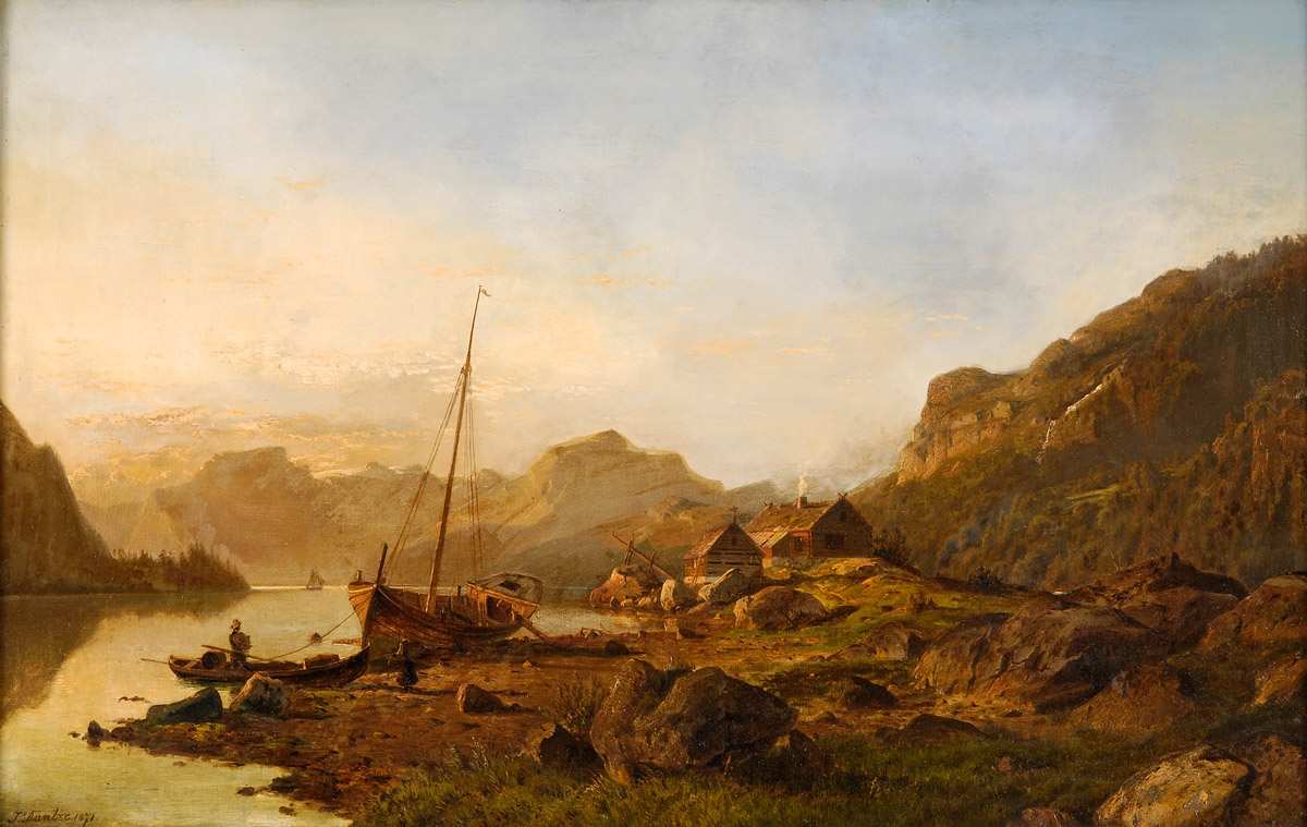 Johannes Duntze. Sonnenaufgang im Fjord. 1871. Öl / Leinwand. 60 x 90cm