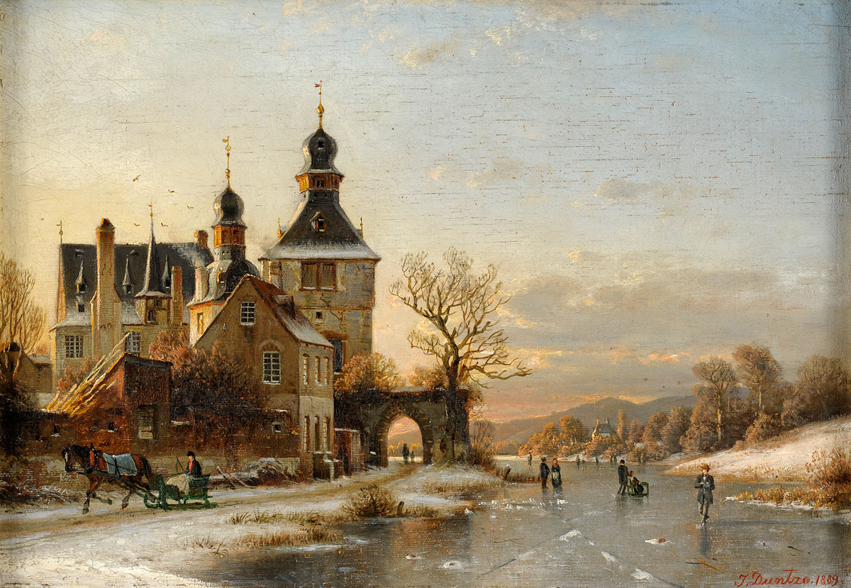 Johannes Duntze. Winterliche Landschaft mit Schlossansicht. 1889. Öl / Leinwand. 33 x 47,5cm