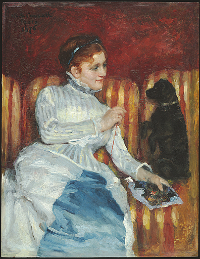 Mary Cassatt. Frau auf einem gestreiften Sofa mit Hund. 1876. Öl / Holz. 16 x 13cm