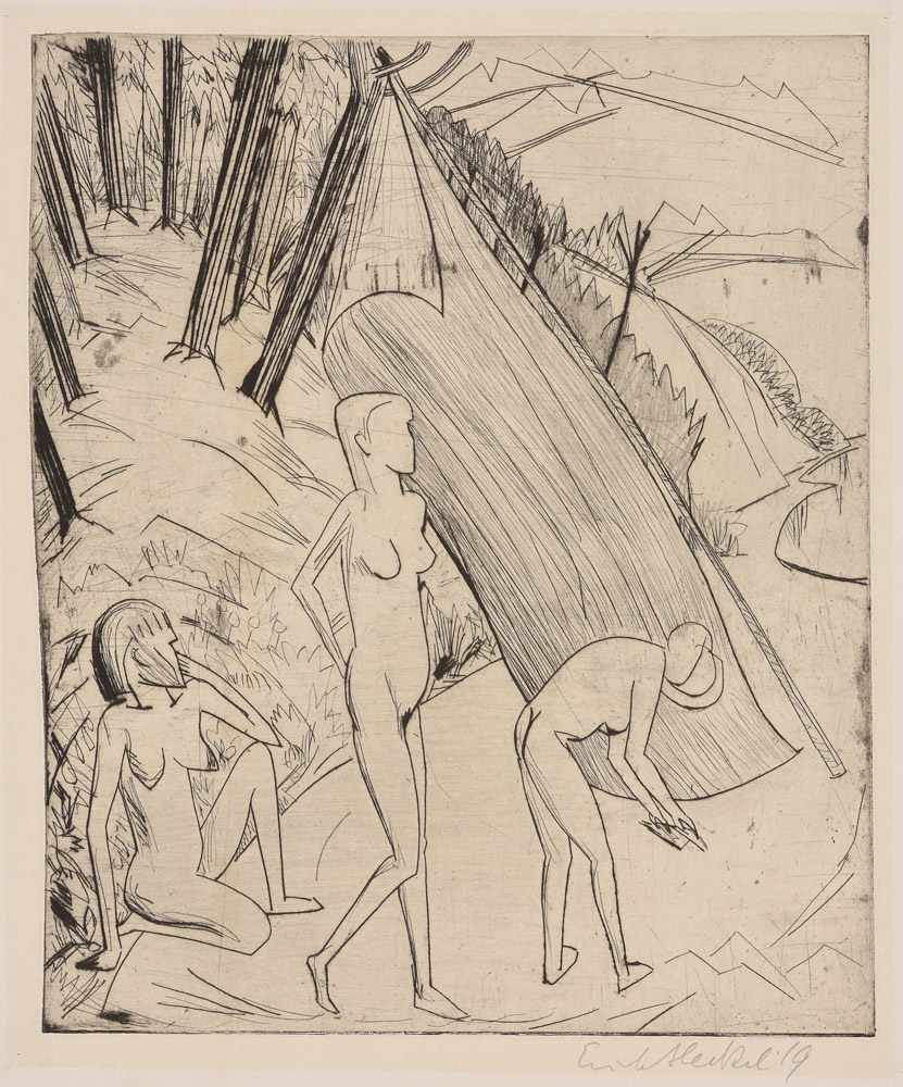 Erich Heckel. Drei Mädchen am Strand. 1919. Kaltnadelradierung. 42x34cm