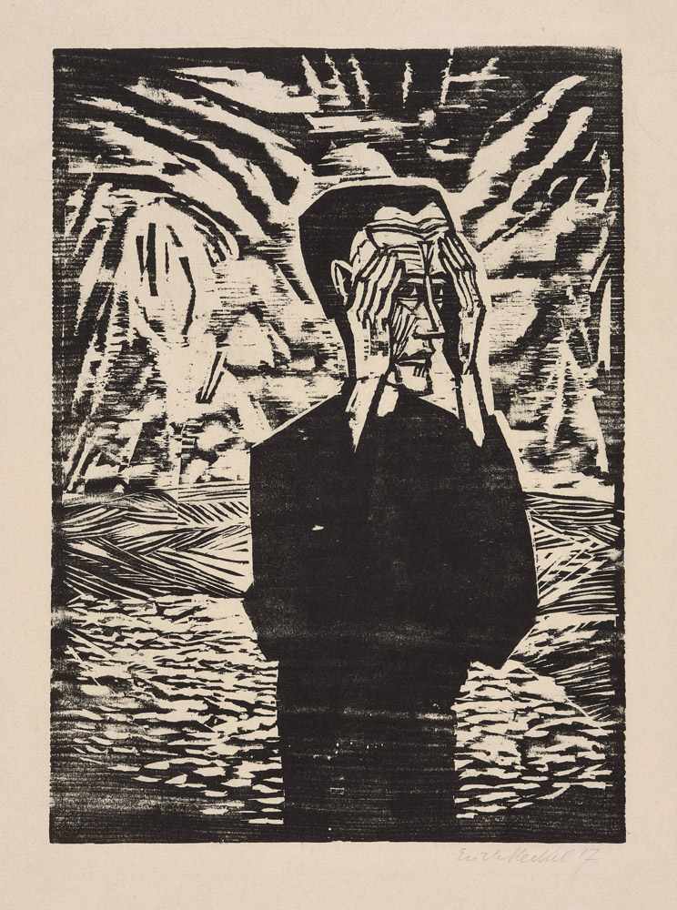 Erich Heckel. Mann in der Ebene, 1917. Holzschnitt, 58 x 43cm