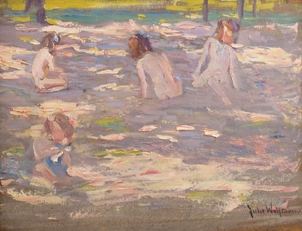Julie Wolfthorn. Vier Mädchen auf dem Waldboden, um 1907. Öl auf Pappe, 32,5 x 42,5 cm