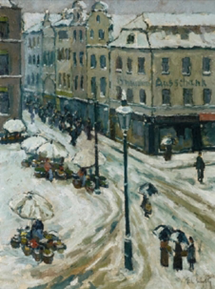 Ferdinand Carl Cürten. Winterlicher Markt auf der Bilkerstraße in Düsseldorf. 1919