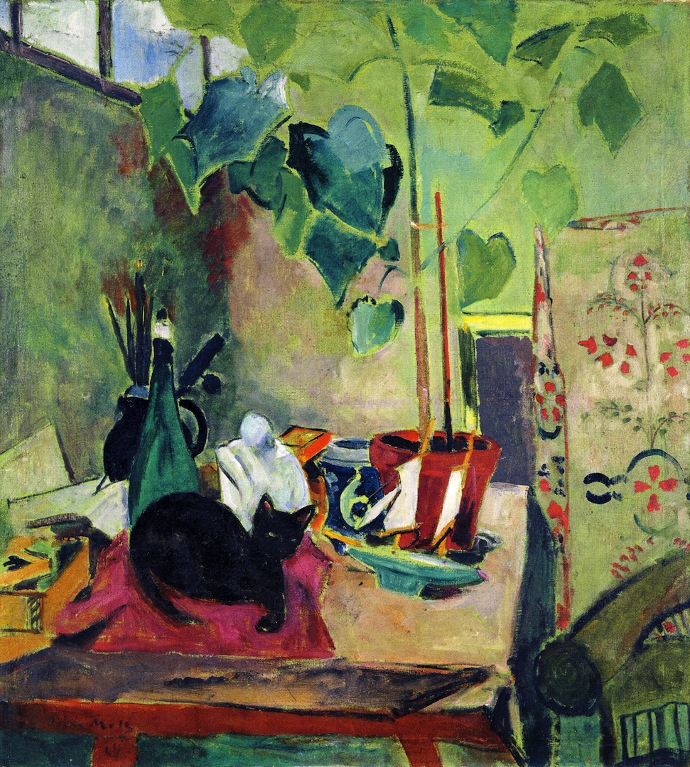 Oskar Moll. Katze mit Zimmerpflanze.