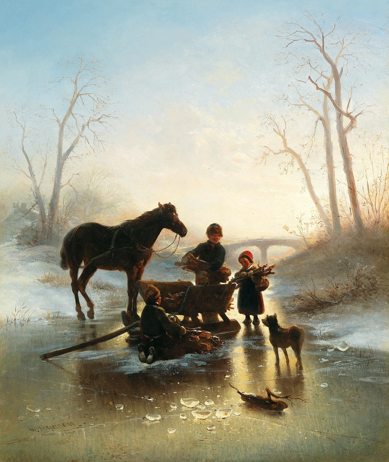 Wilhelm Alexander Meyerheim. Holzsammelnde Kinder am Eis. 1862. Öl / Leinwand. 65 x 55cm