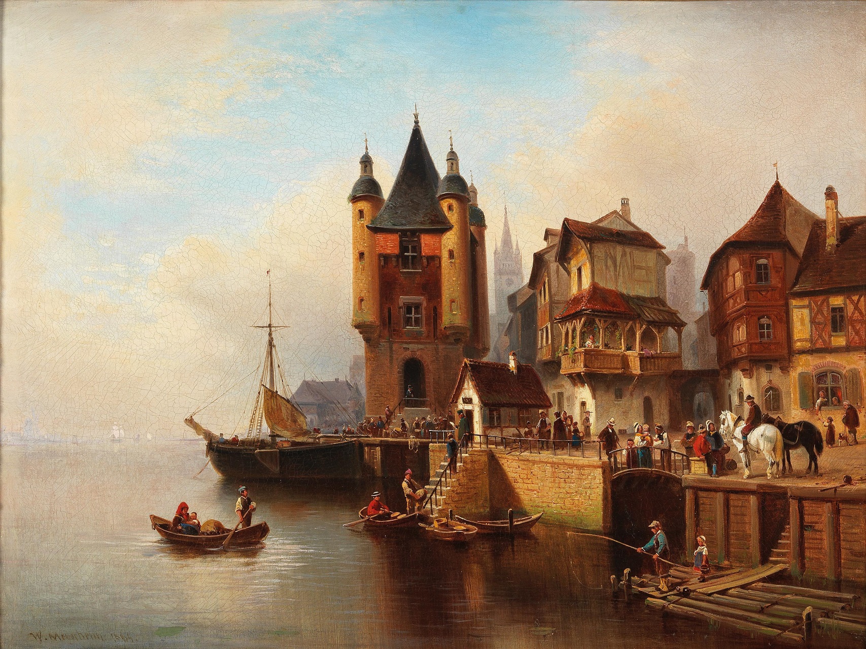 Wilhelm Alexander Meyerheim. Reges Treiben am Flussufer. 1864. Öl / Leinwand. 44 x 59cm
