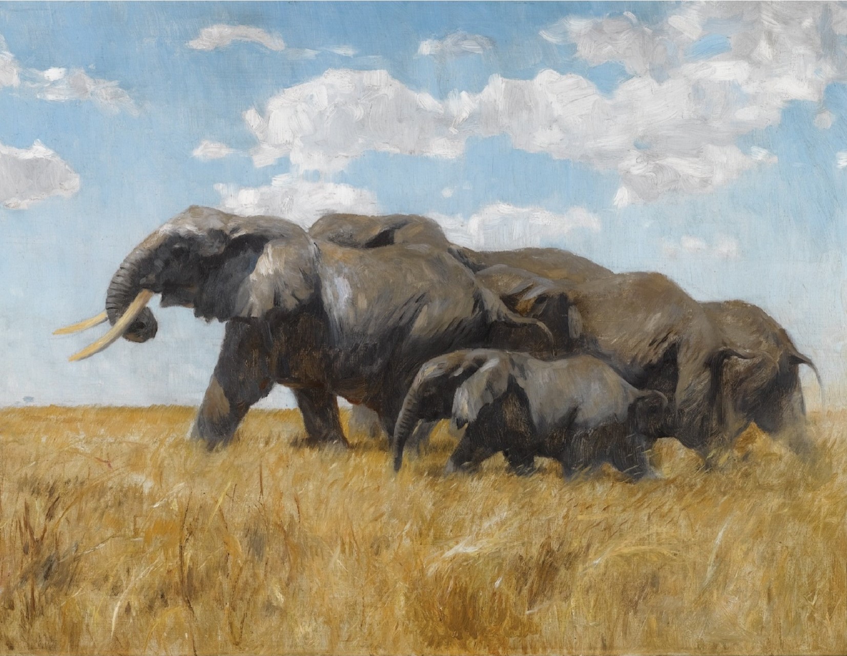 Wilhelm Kuhnert. Elefanten auf der Wanderung. Öl / Leinwand. 48 x 84cm