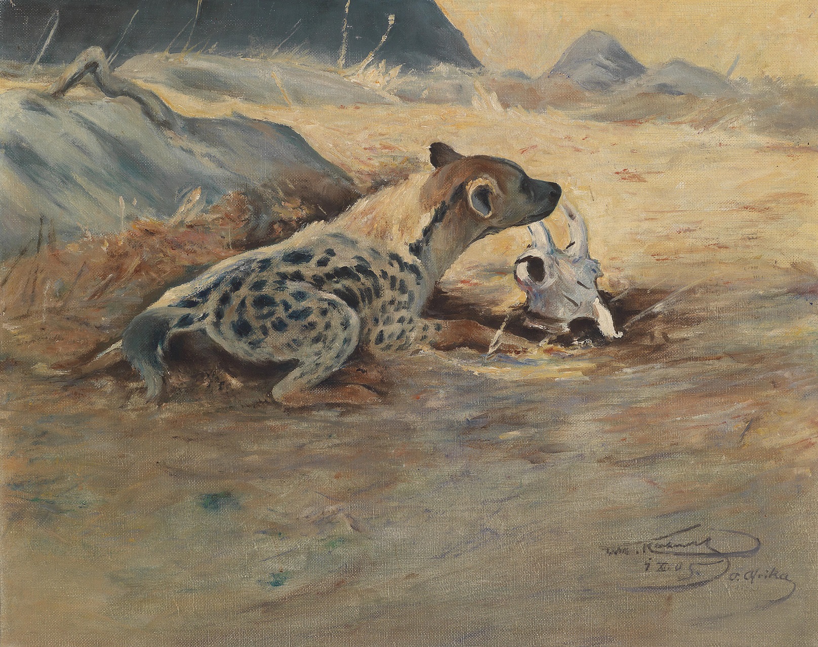 Wilhelm Kuhnert. Hyäne auf der Lauer. 1905. Öl / Leinwand. 40 x 50cm