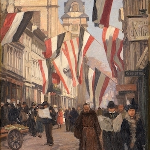 Georg Macco. Siegesafahnen in Altdüsseldorf auf der Hunsrückenstraße. Öl / Leinwand. 57 x 42cm