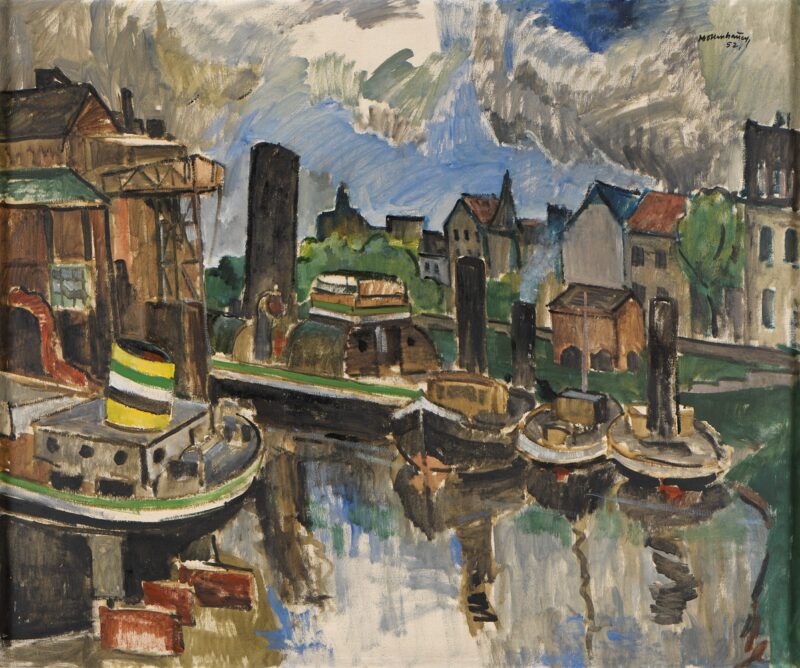 Ernst Mollenhauer. Schiffswerft in Duisburg. 1952. Öl / Leinwand. 97 x 115cm