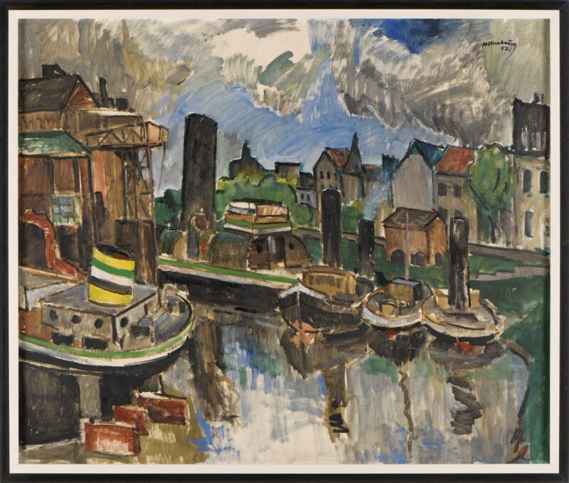 Ernst Mollenhauer. Schiffswerft in Duisburg. 1952. Öl / Leinwand. 97 x 115cm