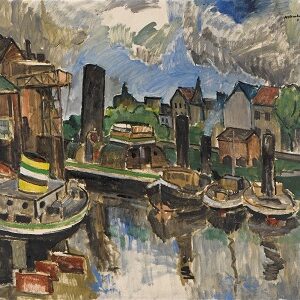 Ernst Mollenhauer. Schiffswerft in Duisburg. 1952. Öl / Leinwand. 97 x 115cm