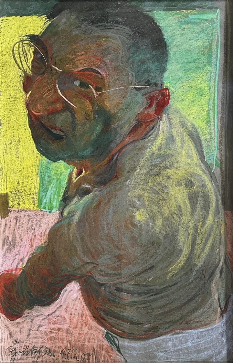 Johannes Grützke. Selbstporträt. 2001. Ölkreide auf grauem Papier. 150 x 100cm